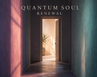 May include: A hallway with walls illuminated in pink and teal light, leading to an open doorway revealing a sunlit room with a potted plant. The text QUANTUM SOUL RENEWAL is centered at the top, and the word Wiljorose is at the bottom.