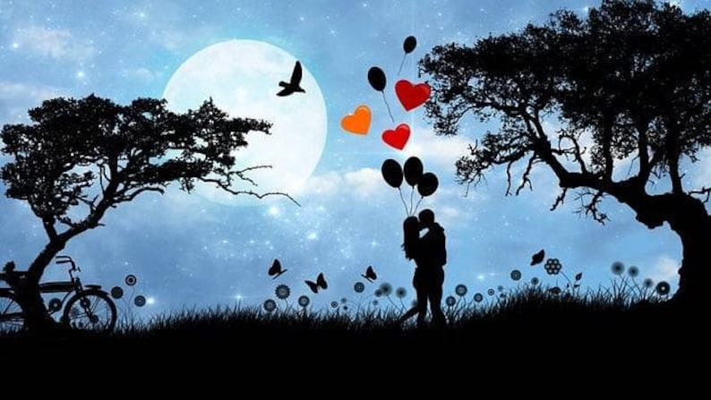 May include: A silhouette of two people embracing under a large full moon in a starry blue sky. A bicycle stands near a tree on the left, while butterflies and flowers dot the grass. Floating balloons in red, orange, and black drift above them.