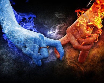 May include: Two hands reaching towards each other, one enveloped in blue icy smoke and the other in orange flames. The blue hand wears a thin gold ring on the ring finger. The fingers are positioned to touch, creating a contrast between fire and ice.