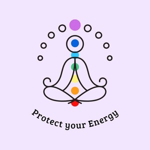 Może przedstawiać: Minimalistyczna ilustracja osoby w pozycji jogi, z kolorowymi symbolami czakr ułożonymi wzdłuż ciała. Tekst "Protect your Energy" jest napisany poniżej, na jasnofioletowym tle.