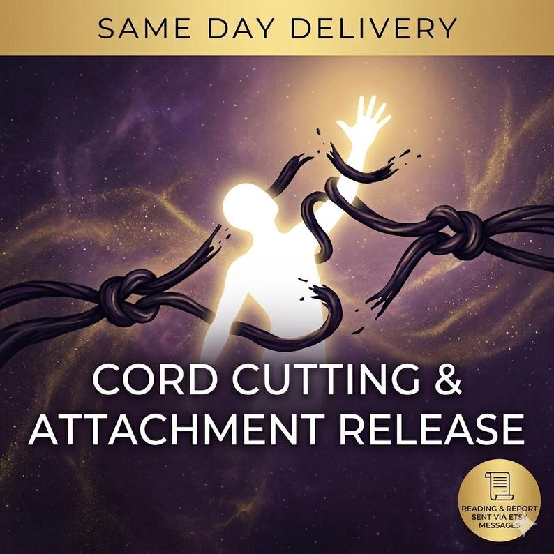 May include: An illustration with a purple and gold background features a glowing white figure with outstretched arms, surrounded by dark, knotted cords. The text "CORD CUTTING & ATTACHMENT RELEASE" is displayed prominently.