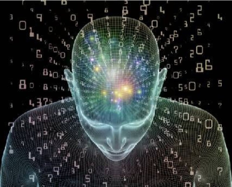 May include: A digital illustration of a human head and shoulders rendered as a translucent wireframe mesh. The interior of the head glows with multicolored light, while white numbers float in the dark space surrounding the figure.