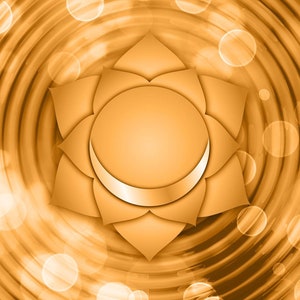 K&ouml;nnte beinhalten: Ein goldfarbenes Chakrasymbol mit einem wirbelnden Hintergrund. Das Symbol ist eine Lotusblume mit einem Halbmond in der Mitte.