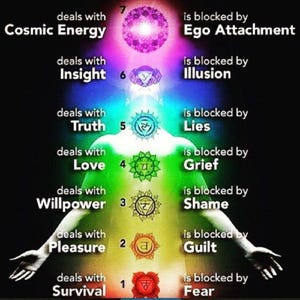 May include: A diagram of the seven chakras, with their corresponding colors, numbers, and names. Each chakra is associated with a specific area of the body and deals with a particular aspect of life. The chakras are blocked by negative emotions, such as fear, guilt, shame, grief, lies, illusion, and ego attachment.