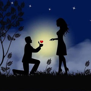 May include: A silhouette illustration of a person kneeling on one knee, offering a small open box containing a bright red heart to another standing person. The scene is set against a dark blue night sky with a large glowing moon and stars.