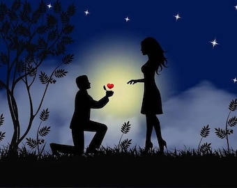May include: A silhouette illustration of a person kneeling on one knee, offering a small open box containing a bright red heart to another standing person. The scene is set against a dark blue night sky with a large glowing moon and stars.