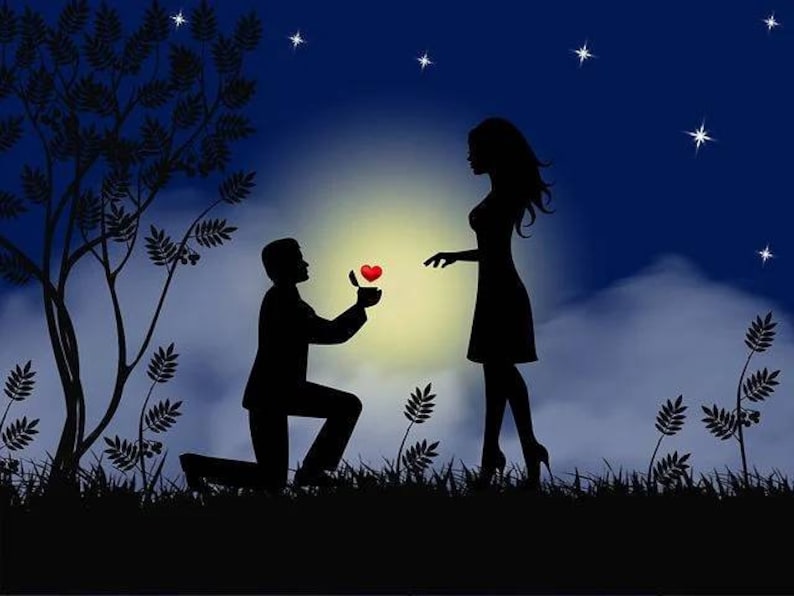 May include: A silhouette illustration of a person kneeling on one knee, offering a small open box containing a bright red heart to another standing person. The scene is set against a dark blue night sky with a large glowing moon and stars.