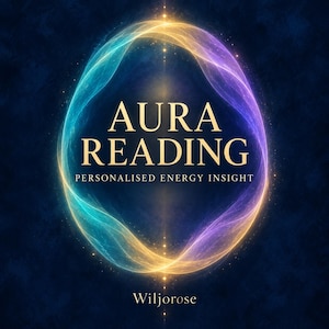 May include: A digital graphic featuring the text AURA READING and PERSONALISED ENERGY INSIGHT in gold lettering. The text is centered within an oval frame of swirling blue, purple, and gold light against a dark blue background. Wiljorose is at the bottom.