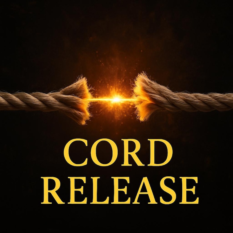 May include: A close-up image shows a thick, frayed rope breaking apart, with a bright golden light emanating from the point of separation. The words "CORD RELEASE" are displayed in a bold, golden font against a dark background.