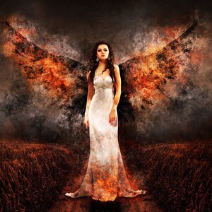 May include: Digital artwork depicting a woman in a white dress with fiery wings. The wings are a blend of orange, red, and black, set against a dark, textured backdrop. The woman has long, dark hair and stands in a field.