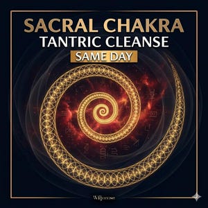 May include: An image with a dark background featuring a golden spiral design. The text "SACRAL CHAKRA TANTRIC CLEANSE" is displayed in gold, with "SAME DAY" in a gold rectangle. The image has a spiritual or metaphysical theme.