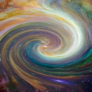 May include: Abstract digital art depicting a swirling galaxy with a spiral pattern. The image features a blend of colors, including orange, yellow, green, blue, and purple, with a bright white center. The artwork evokes a sense of cosmic wonder.
