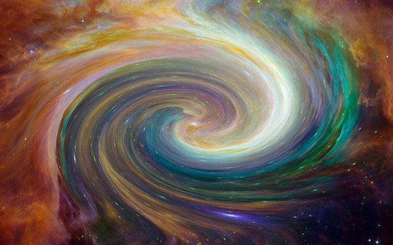 May include: Abstract digital art depicting a swirling galaxy with a spiral pattern. The image features a blend of colors, including orange, yellow, green, blue, and purple, with a bright white center. The artwork evokes a sense of cosmic wonder.