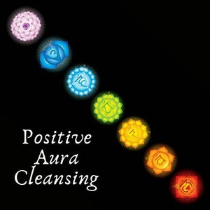 May include: A black background featuring seven circular chakra symbols arranged in a diagonal line, colored violet, indigo, blue, green, yellow, orange, and red. The text "Positive Aura Cleansing" is printed in white on the lower left side.