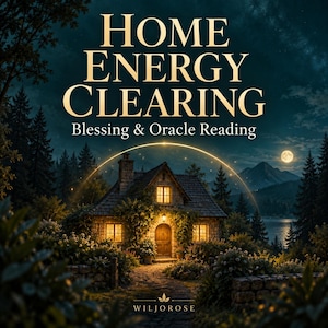 May include: A digital graphic featuring a stone cottage at night with glowing windows, a stone path, and a golden arch overhead. The text reads HOME ENERGY CLEARING Blessing & Oracle Reading and WILJOROSE at the bottom against a dark forest background.