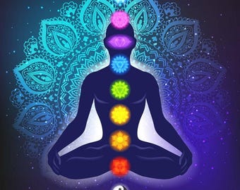 May include: A dark silhouette of a person in a seated meditation pose against a blue and purple mandala background. Seven glowing, colored chakra symbols are aligned vertically along the body, with a white and black yin-yang symbol below.