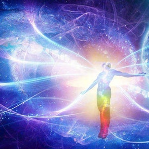 May include: A person with outstretched arms stands in a bright, colorful, and ethereal space. The person is surrounded by swirling light and energy, with a rainbow of colors emanating from their body. The background is a deep blue with stars and galaxies.