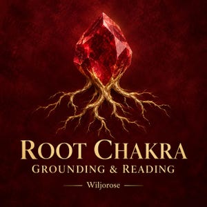 May include: A deep red, faceted crystal gemstone with golden, root-like structures extending from its base. Below the crystal, the text reads ROOT CHAKRA GROUNDING & READING, followed by the name Wiljorose, all set against a dark red background.