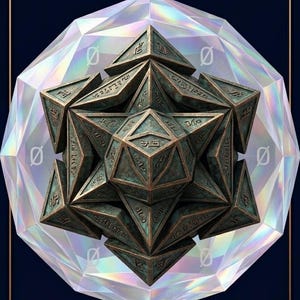 Puede incluir: Imagen de una estructura geométrica de color bronce con símbolos grabados, encerrada en un cristal facetado e iridiscente. El texto "FREQUENCY SHIELD AURA PROTECTION SAME DAY" se muestra en la parte superior, con el nombre de la marca "Wiljorose" en la parte inferior.