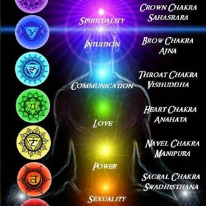 May include: A vertical chart titled Main Chakra Centers displaying seven circular icons in purple, blue, light blue, green, yellow, orange, and red. Each icon corresponds to a glowing point on a human silhouette with labels for Spirituality, Intuition, Communication, Love, Power, Sexuality, and Survival, alongside Sanskrit names like Sahasrara, Ajna, Vishuddha, Anahata, Manipura, Swadhisthana, and Muladhara.