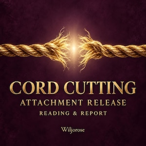 May include: A thick, golden, frayed rope is severed in the center with a bright light emanating from the gap. Below the rope, the text reads: CORD CUTTING, ATTACHMENT RELEASE, READING & REPORT, and Wiljorose, set against a dark, deep purple background.