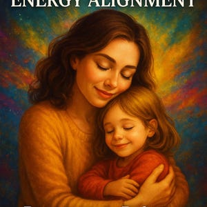 May include: An illustration depicts a woman and a child embracing, with closed eyes and serene expressions. The image features the text "INNER CHILD ENERGY ALIGNMENT" and "Reconnect &bull; Release Self-Compassion."