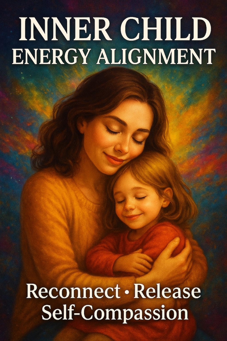 May include: An illustration depicts a woman and a child embracing, with closed eyes and serene expressions. The image features the text "INNER CHILD ENERGY ALIGNMENT" and "Reconnect &bull; Release Self-Compassion."