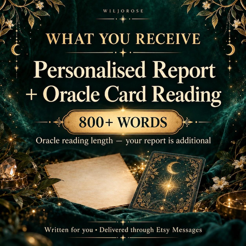 Wiljorose: personalised report plus an oracle card reading of 800 words or more. The oracle reading length is separate from the additional report. Delivered in writing through Etsy Messages.