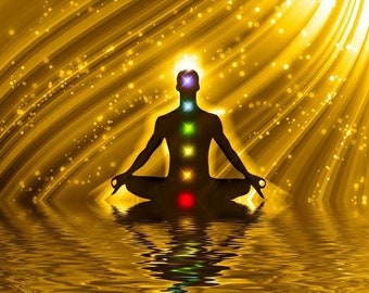 May include: A silhouette of a person in a seated meditation pose against a bright golden background with light rays. Seven glowing, multi-colored circular points are aligned vertically along the center of the dark figure, reflecting on water.