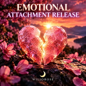 Pode incluir: Um coração de cristal rosa translúcido e facetado, dividido em duas peças, sobre uma superfície escura e texturizada rodeado por flores de cerejeira cor-de-rosa. O texto EMOTIONAL ATTACHMENT RELEASE aparece acima, com um logótipo de lua crescente e WILJOROSE.