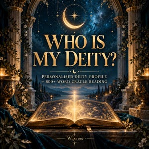 May include: An open book with gold celestial illustrations sits before a night landscape with pillars and urns. Text reads: WHO IS MY DEITY? PERSONALISED DEITY PROFILE + 800+ WORD ORACLE READING. The name Wiljorose is printed at the bottom.