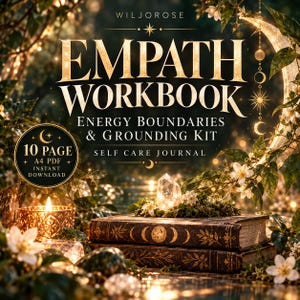 Può includere: Un diario di cura personale Empath Workbook Energy Boundaries & Grounding Kit in formato PDF A4 da 10 pagine. La copertina presenta testo dorato su sfondo scuro con una luna crescente, fiori bianchi, un cristallo e due libri antichi.