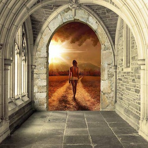 May include: A woman walks towards a bright light at the end of a stone archway. The archway is in a dark, stone hallway with a stone floor. The light at the end of the archway is a sunset with a path leading to it.