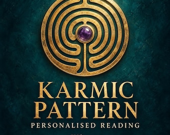 May include: A gold-colored circular labyrinth emblem with a central purple gemstone. Below the emblem, the text reads KARMIC PATTERN, followed by PERSONALISED READING and the name Wiljorose, all set against a dark teal textured background.