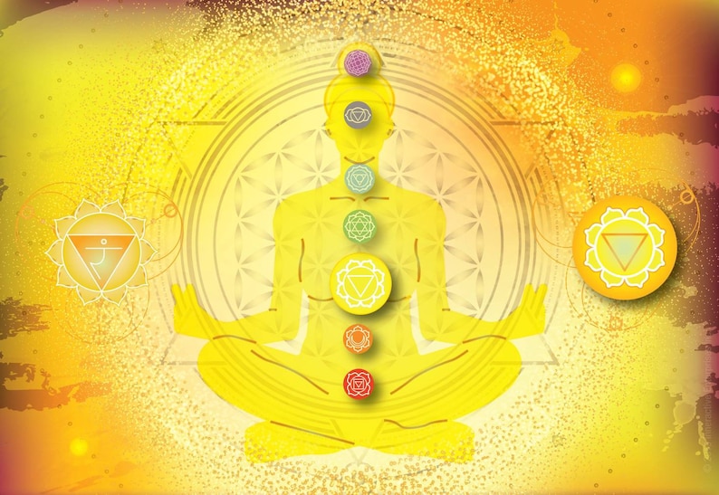 May include: A yellow silhouette of a person in a seated meditation pose against a golden background with a flower of life pattern. Seven colorful chakra symbols are vertically aligned along the center of the figure, with two additional chakra icons.