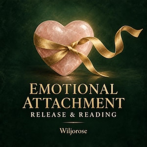Puede incluir: Una piedra pulida en forma de corazón de color rosa claro envuelta con una cinta dorada. Debajo del corazón, el texto dice: EMOTIONAL ATTACHMENT, RELEASE & READING y Wiljorose. El fondo es verde oscuro texturizado con un suave brillo.