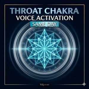 Peut inclure: Graphique numérique avec le texte "THROAT CHAKRA VOICE ACTIVATION SAME DAY". Au centre, un motif d'éclat d'étoile bleu, entouré de cercles concentriques et de symboles, sur fond bleu foncé.