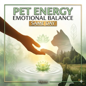 May include: An illustration with the text "PET ENERGY EMOTIONAL BALANCE SAME DAY". A silhouetted cat is superimposed with a forest scene, reaching towards a hand. Lotus flowers and feather designs are also present.