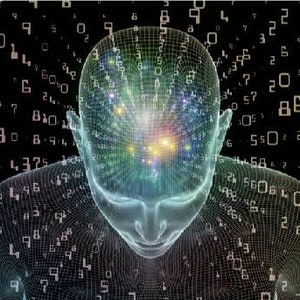 May include: A digital rendering of a human head with a grid pattern, surrounded by a swirling cloud of numbers. The head is translucent, revealing a colorful, glowing interior.