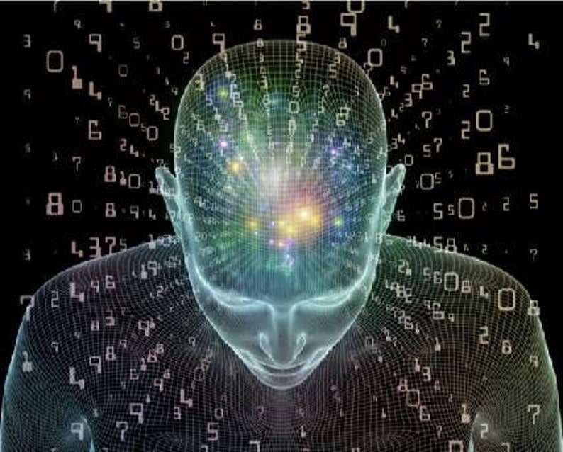 May include: A digital rendering of a human head with a grid pattern, surrounded by a swirling cloud of numbers. The head is translucent, revealing a colorful, glowing interior.