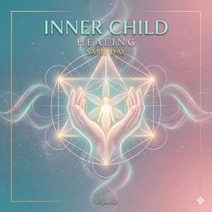 May include: An ethereal illustration with the text "INNER CHILD HEALING SAME DAY." The image features a geometric design with hands cupping a glowing figure, set against a gradient of teal and pink hues. The artist's name, Wiljorose, is at the bottom.