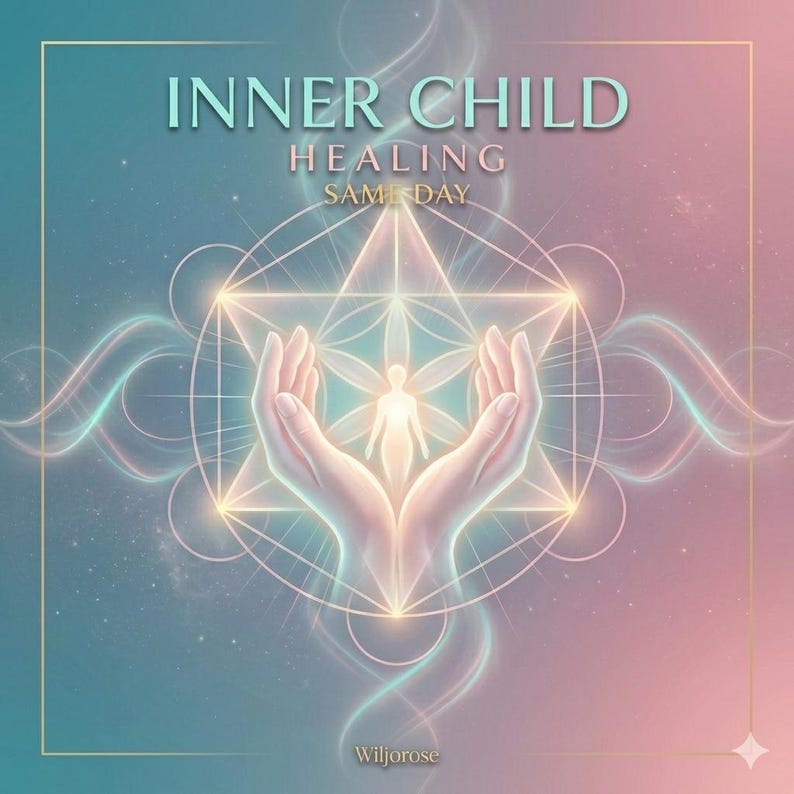 May include: An ethereal illustration with the text "INNER CHILD HEALING SAME DAY." The image features a geometric design with hands cupping a glowing figure, set against a gradient of teal and pink hues. The artist's name, Wiljorose, is at the bottom.