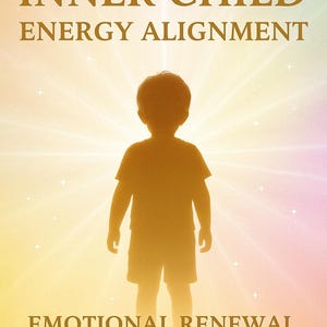 May include: A golden silhouette of a child stands centered against a radiant, multi-colored background. The image features text that reads "INNER CHILD ENERGY ALIGNMENT" and "EMOTIONAL RENEWAL & HEART RECONNECTION" with a website address at the bottom.