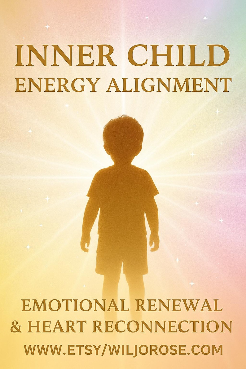 May include: A golden silhouette of a child stands centered against a radiant, multi-colored background. The image features text that reads "INNER CHILD ENERGY ALIGNMENT" and "EMOTIONAL RENEWAL & HEART RECONNECTION" with a website address at the bottom.
