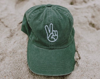 Christmas Gift, peace sign hat, embroidered hat, peace sign with fingers, pigment dyed hat, aesthetic vibes, Women's Hat, Embroidered hat