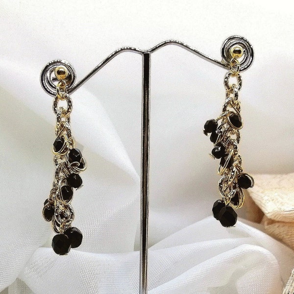 Handmade bunch dangle earrings. Black faceted beads spiraling down around a textured gold chain. Elegant, refined gift for women and ladies