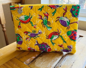 Quilted Zipper Pouch: Crab, Lobster & Fish Fabric - Sand Dollar Charm