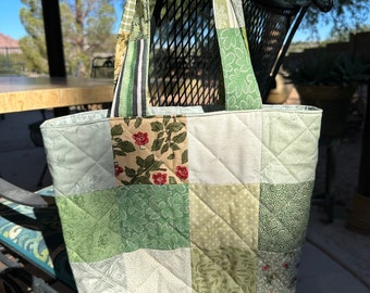Quilted Tote Bag, Green and Beige tote, quilted purse, scrappy bag, homemade bag, shoulder bag, market bag, patchwork tote, Mom's day gift
