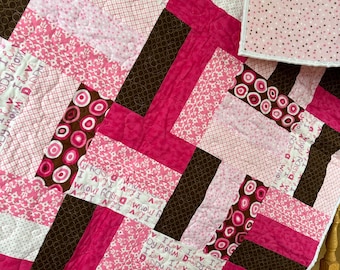 quilt for sale, Handmade pink and brown, baby quilt, homemade, gift for newborn, baby shower gift