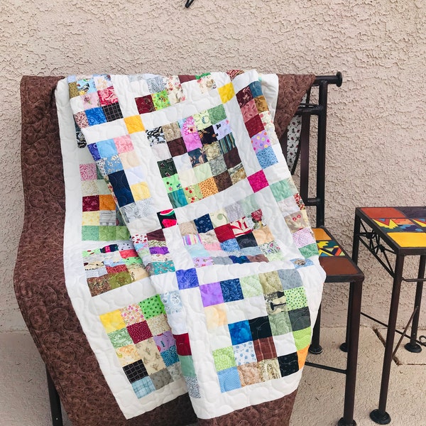 Quilt for Sale, Leftover fabric, scrappy quilt, homemade, lap quilt, colorful, custom quilt, gift for friend, handmade, gift for mom